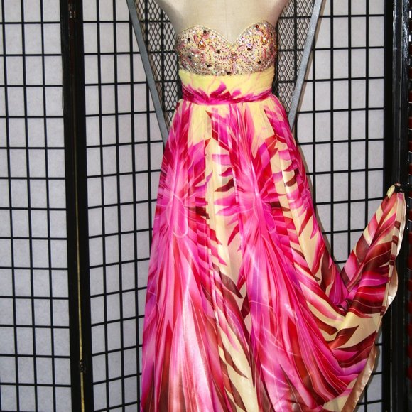 Statement Gown with Floral Print and Jeweled Bodice - Picture 2 of 8